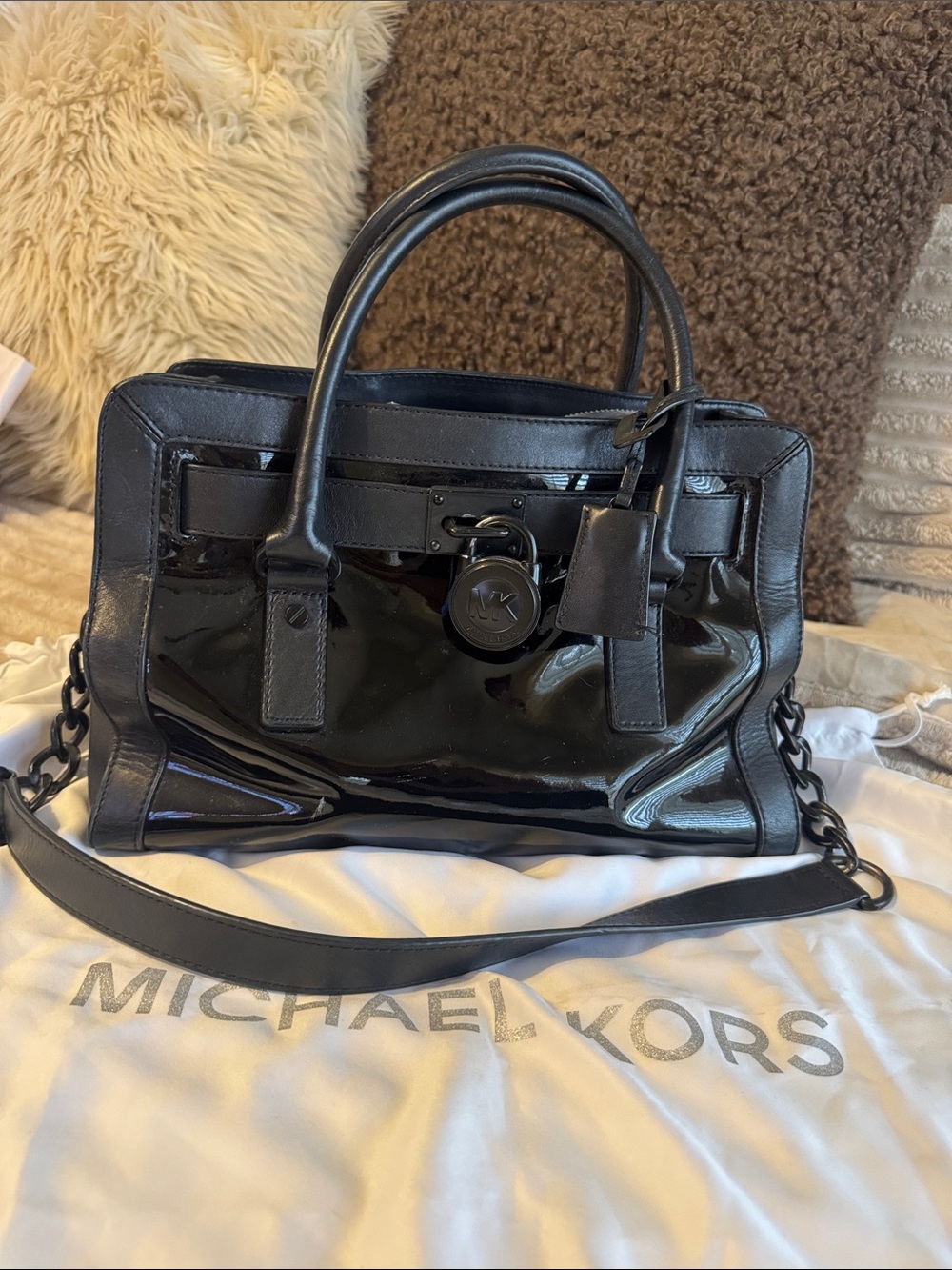 Michael Kors Black Patent Leather Bag with Lock Detail